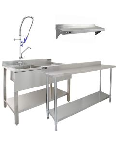 KuKoo Commercial Sink & Pre-Rinse Tap - Right Hand Drainer, 6ft Stainless Steel Catering Bench, 2 x Wall Mounted Shelves with extra Pre-Rinse Commercial Tap 