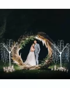Décoration de Mariage - Combo Arche Circulaire Dorée & 2 Saules Pleureur Lumineux 180 cm Blanc Froid