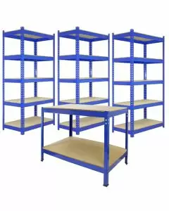 3 x Unidades de estantería metálicas Q-Rax en color azul de 90 cm con mesa de trabajo.