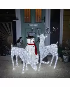 Couple Biche & Cerf LED Blanc + Bonhomme de Neige Lumineux 